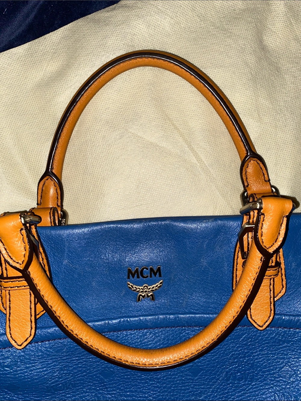 MCM Visetos Logogramme Blue Leather Satchel with Tan Handles and Gold Hardware - Picture 13 of 14